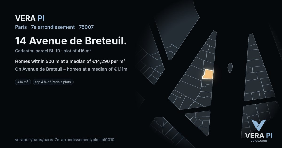 14 Avenue de Breteuil, 7e arrondissement at night – the plot lit, the parcels around coloured by the prices near them