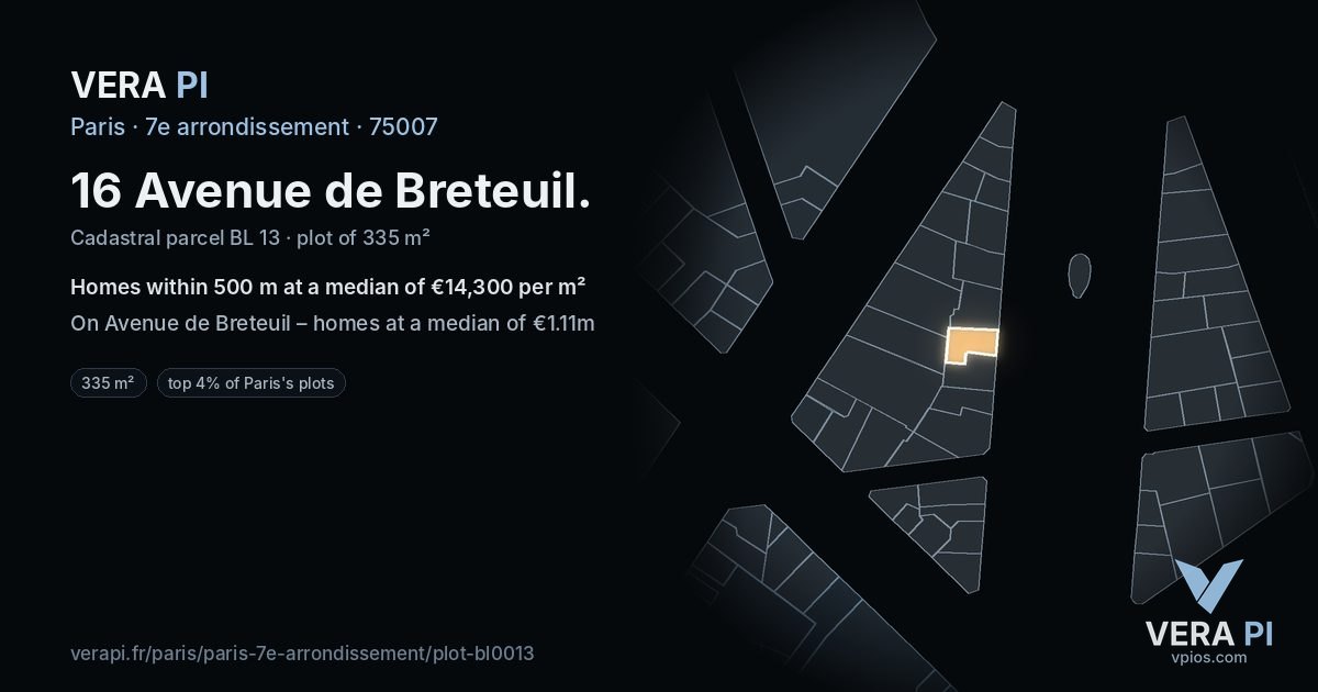 16 Avenue de Breteuil, 7e arrondissement at night – the plot lit, the parcels around coloured by the prices near them
