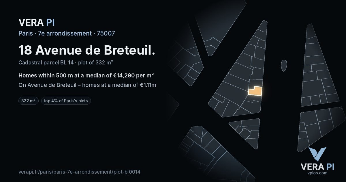 18 Avenue de Breteuil, 7e arrondissement at night – the plot lit, the parcels around coloured by the prices near them
