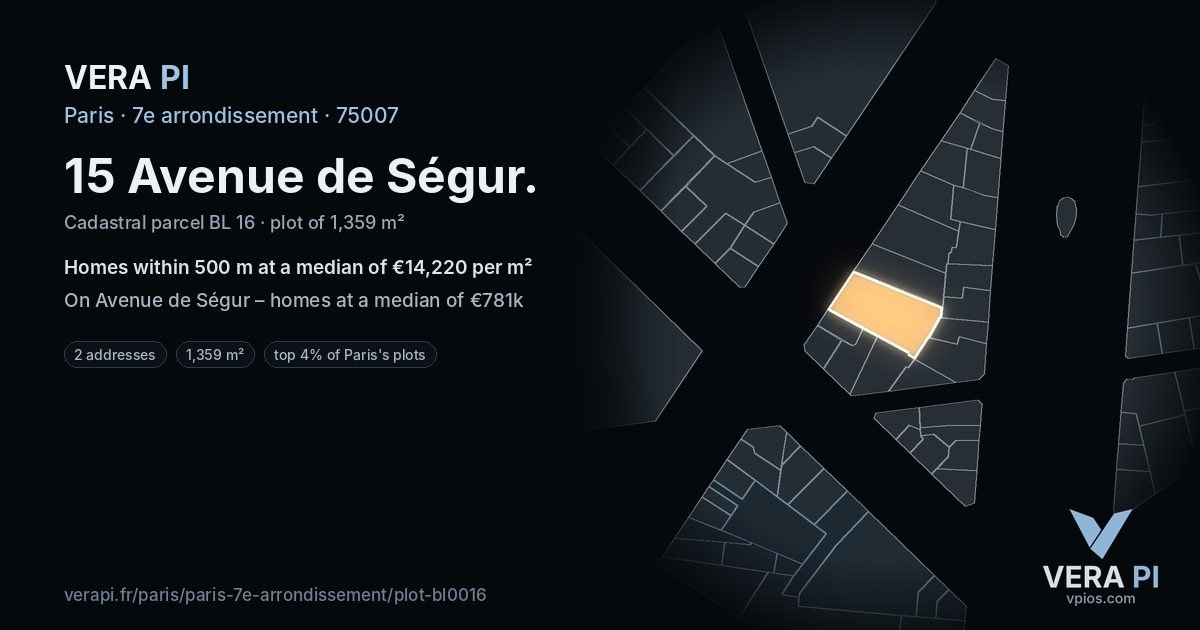 15 Avenue de Ségur, 7e arrondissement at night – the plot lit, the parcels around coloured by the prices near them