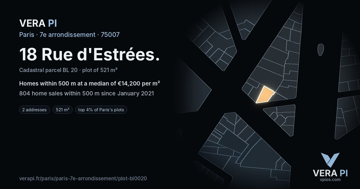 18 Rue d'Estrées, 7e arrondissement at night – the plot lit, the parcels around coloured by the prices near them