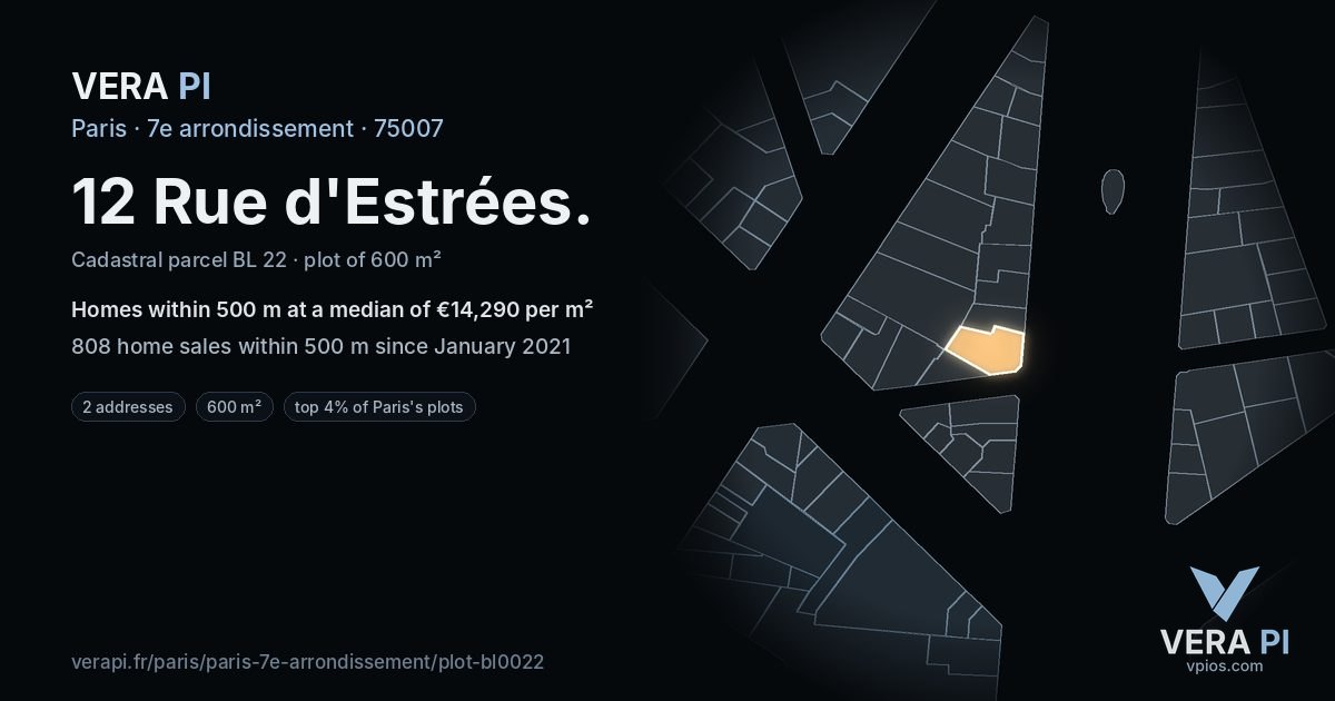 12 Rue d'Estrées, 7e arrondissement at night – the plot lit, the parcels around coloured by the prices near them