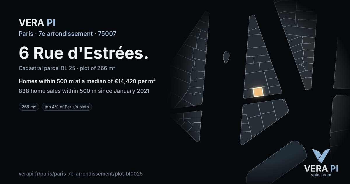 6 Rue d'Estrées, 7e arrondissement at night – the plot lit, the parcels around coloured by the prices near them