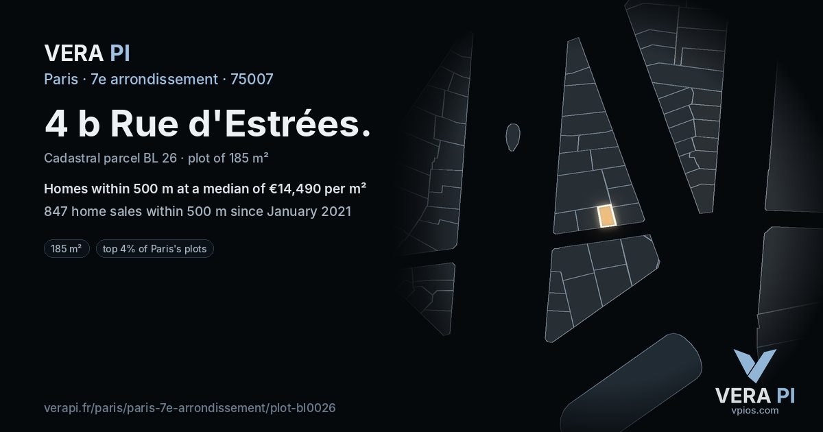 4 b Rue d'Estrées, 7e arrondissement at night – the plot lit, the parcels around coloured by the prices near them