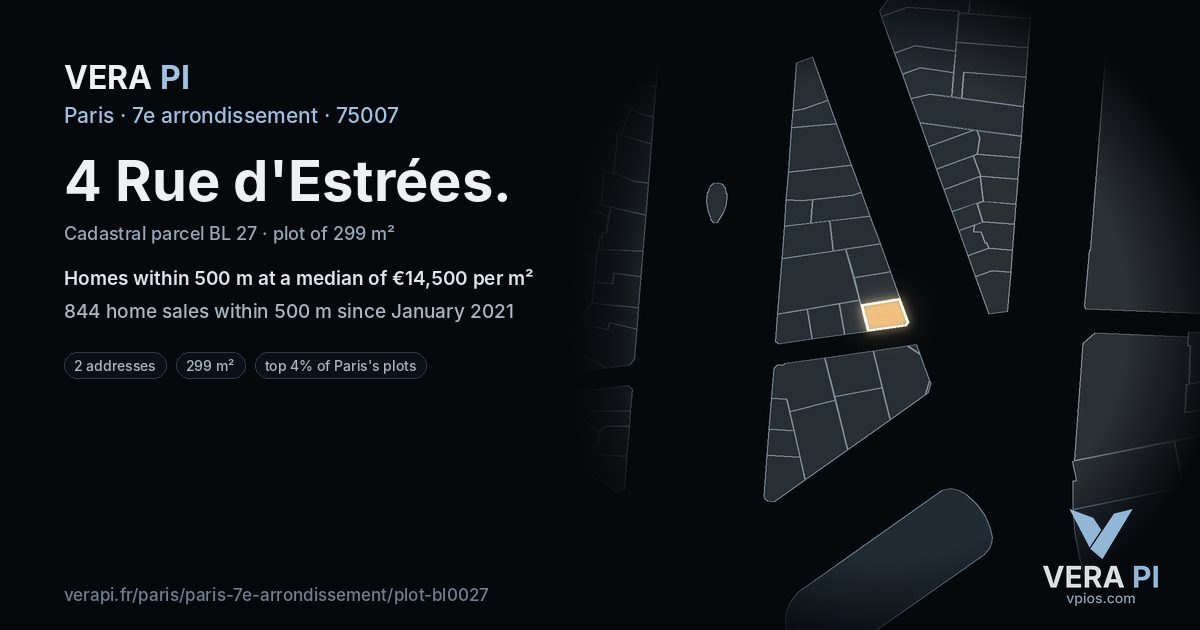 4 Rue d'Estrées, 7e arrondissement at night – the plot lit, the parcels around coloured by the prices near them