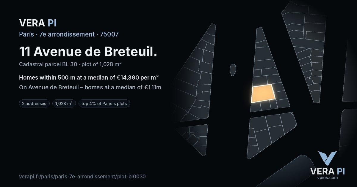 11 Avenue de Breteuil, 7e arrondissement at night – the plot lit, the parcels around coloured by the prices near them