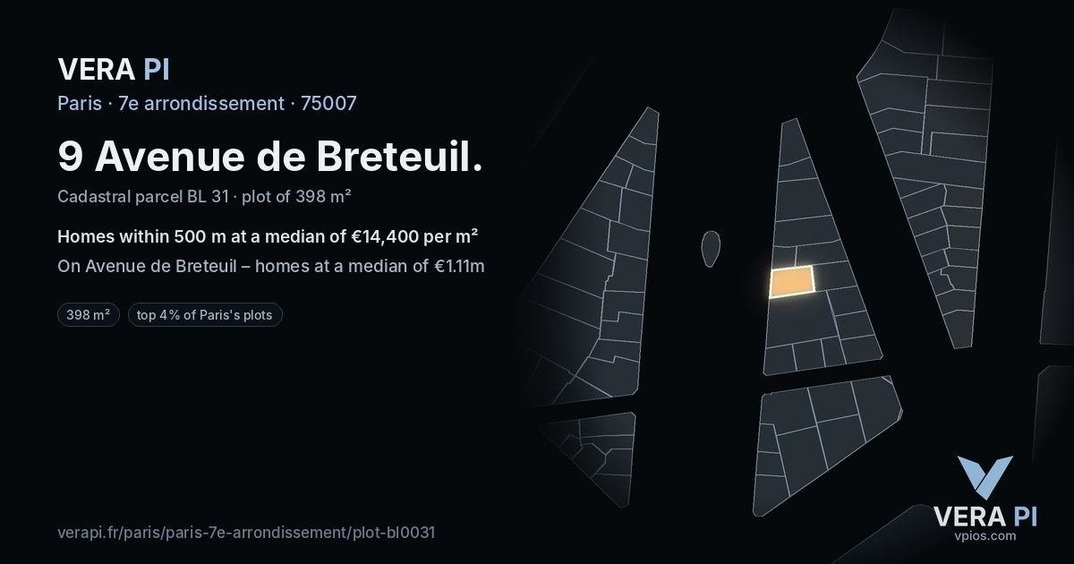 9 Avenue de Breteuil, 7e arrondissement at night – the plot lit, the parcels around coloured by the prices near them