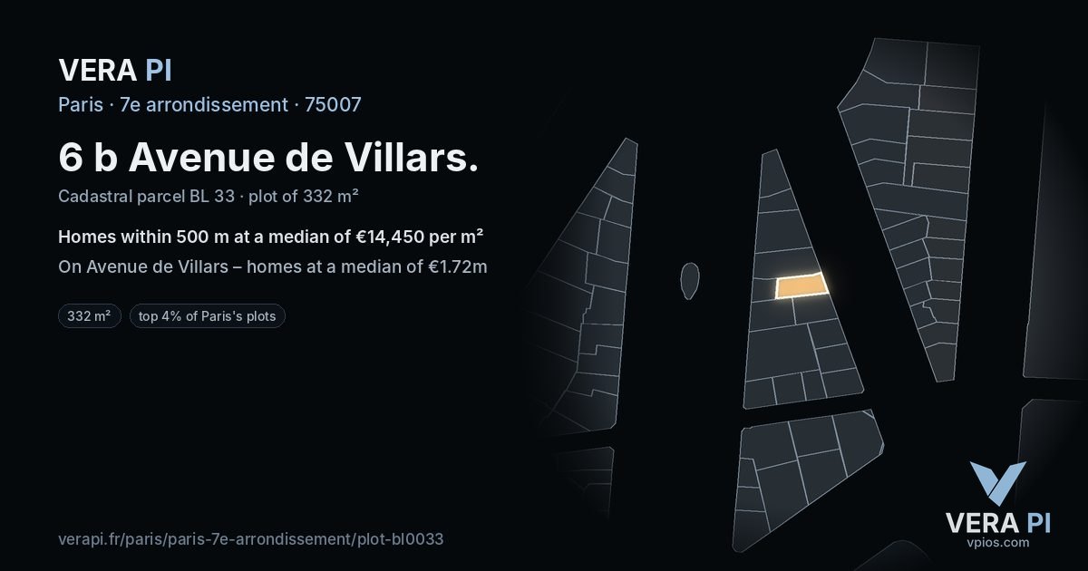 6 b Avenue de Villars, 7e arrondissement at night – the plot lit, the parcels around coloured by the prices near them