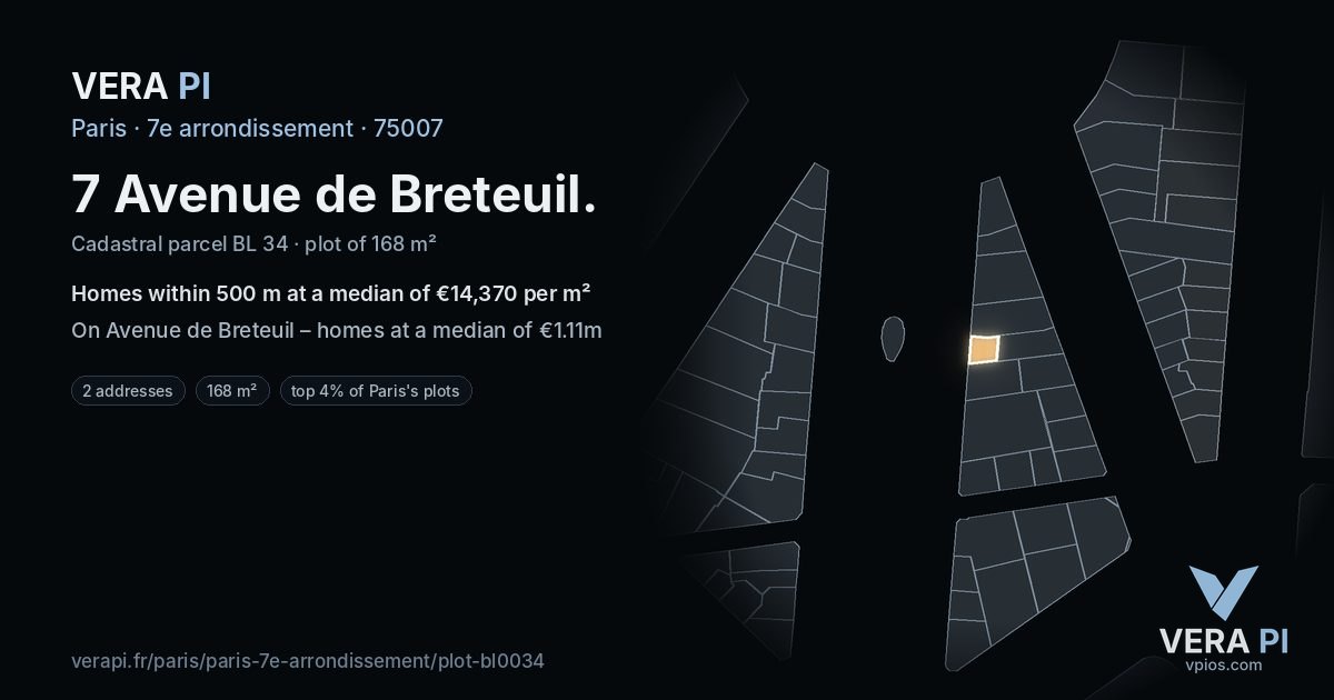 7 Avenue de Breteuil, 7e arrondissement at night – the plot lit, the parcels around coloured by the prices near them