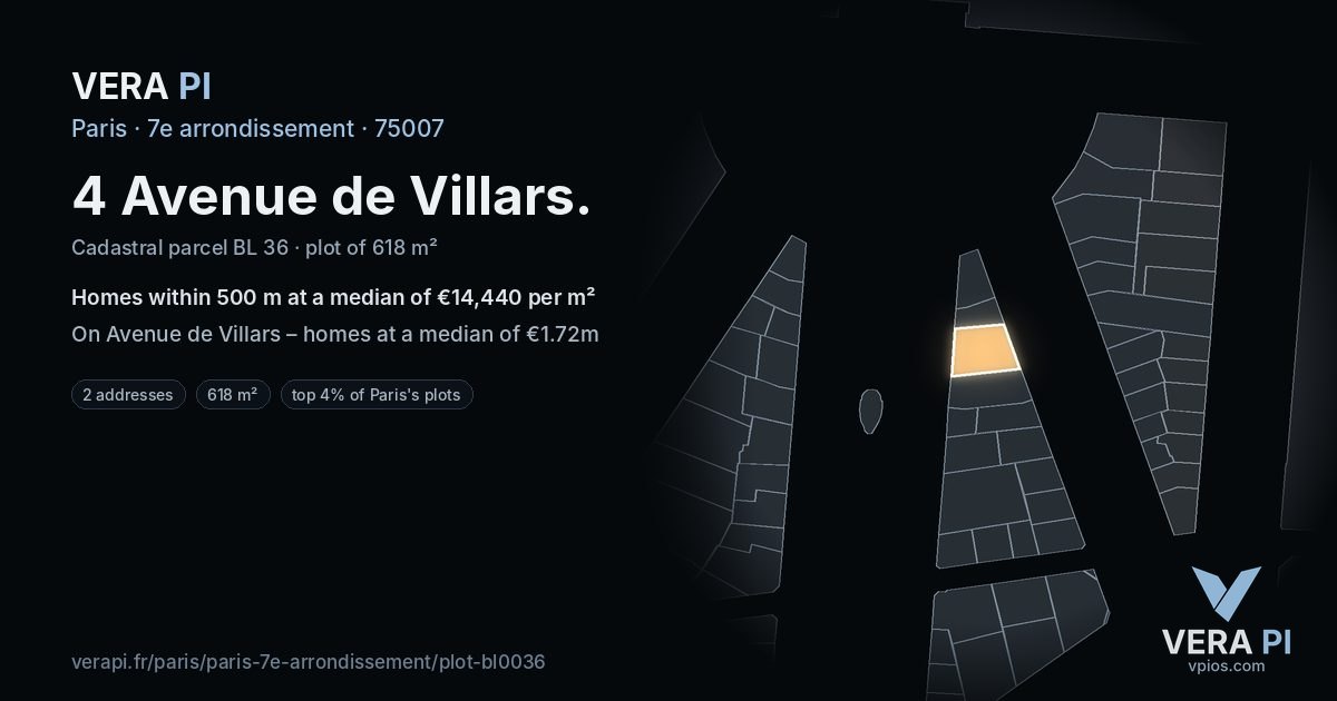 4 Avenue de Villars, 7e arrondissement at night – the plot lit, the parcels around coloured by the prices near them