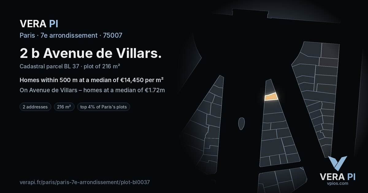 2 b Avenue de Villars, 7e arrondissement at night – the plot lit, the parcels around coloured by the prices near them