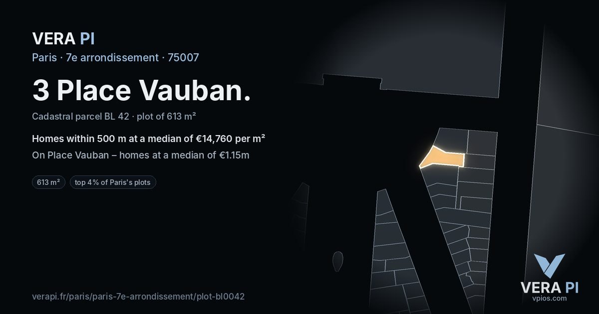 3 Place Vauban, 7e arrondissement at night – the plot lit, the parcels around coloured by the prices near them