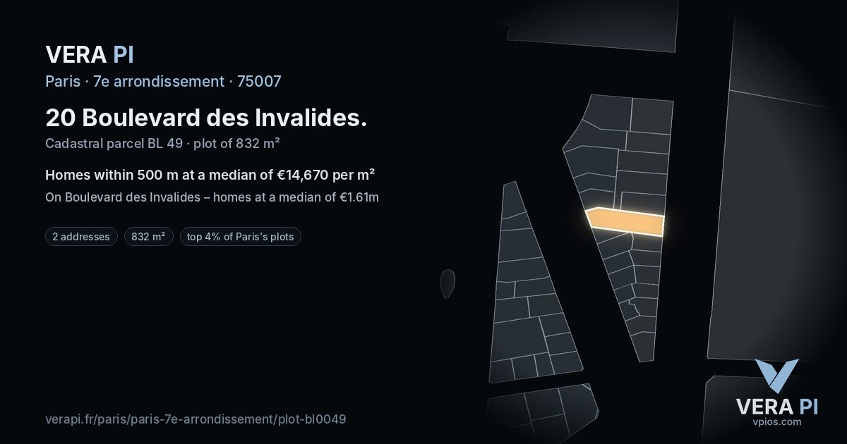 20 Boulevard des Invalides, 7e arrondissement at night – the plot lit, the parcels around coloured by the prices near them
