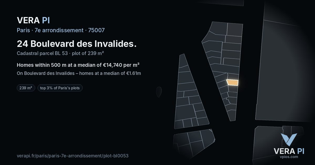 24 Boulevard des Invalides, 7e arrondissement at night – the plot lit, the parcels around coloured by the prices near them