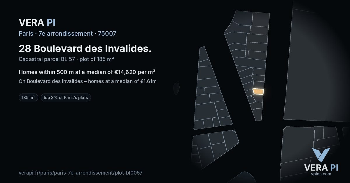 28 Boulevard des Invalides, 7e arrondissement at night – the plot lit, the parcels around coloured by the prices near them