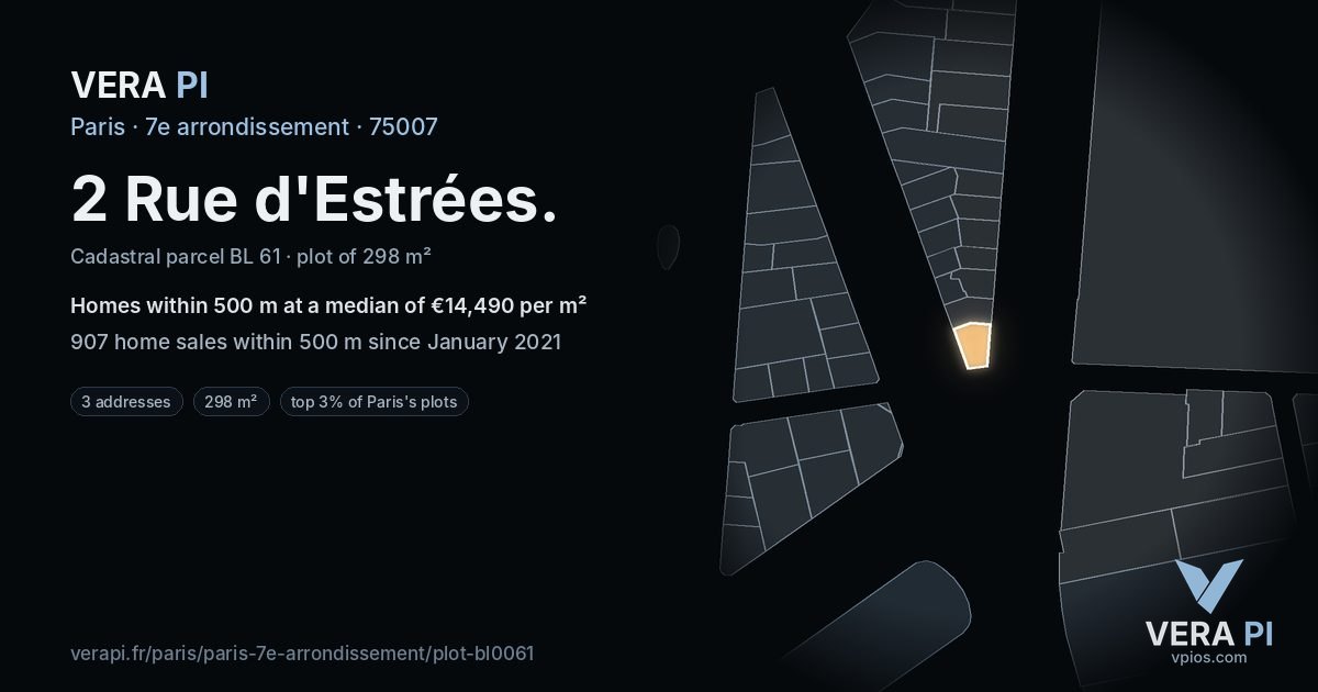 2 Rue d'Estrées, 7e arrondissement at night – the plot lit, the parcels around coloured by the prices near them