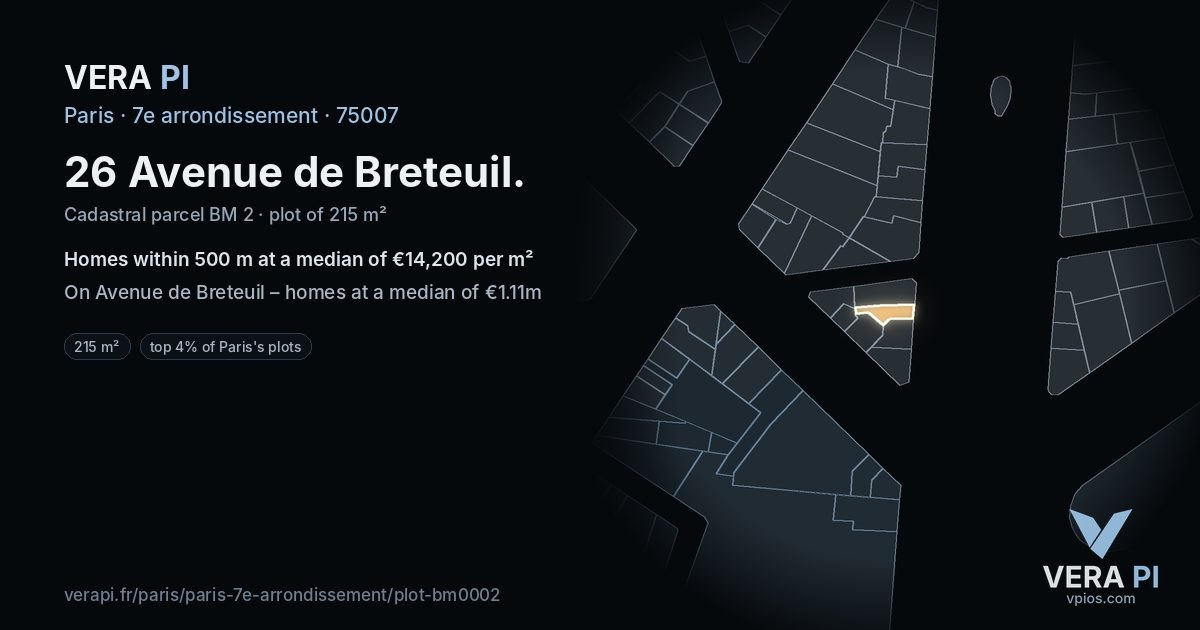26 Avenue de Breteuil, 7e arrondissement at night – the plot lit, the parcels around coloured by the prices near them