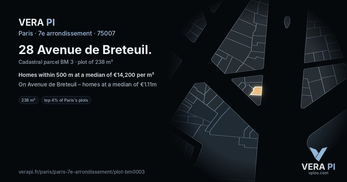 28 Avenue de Breteuil, 7e arrondissement at night – the plot lit, the parcels around coloured by the prices near them