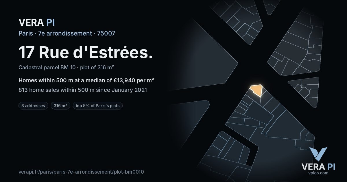 17 Rue d'Estrées, 7e arrondissement at night – the plot lit, the parcels around coloured by the prices near them