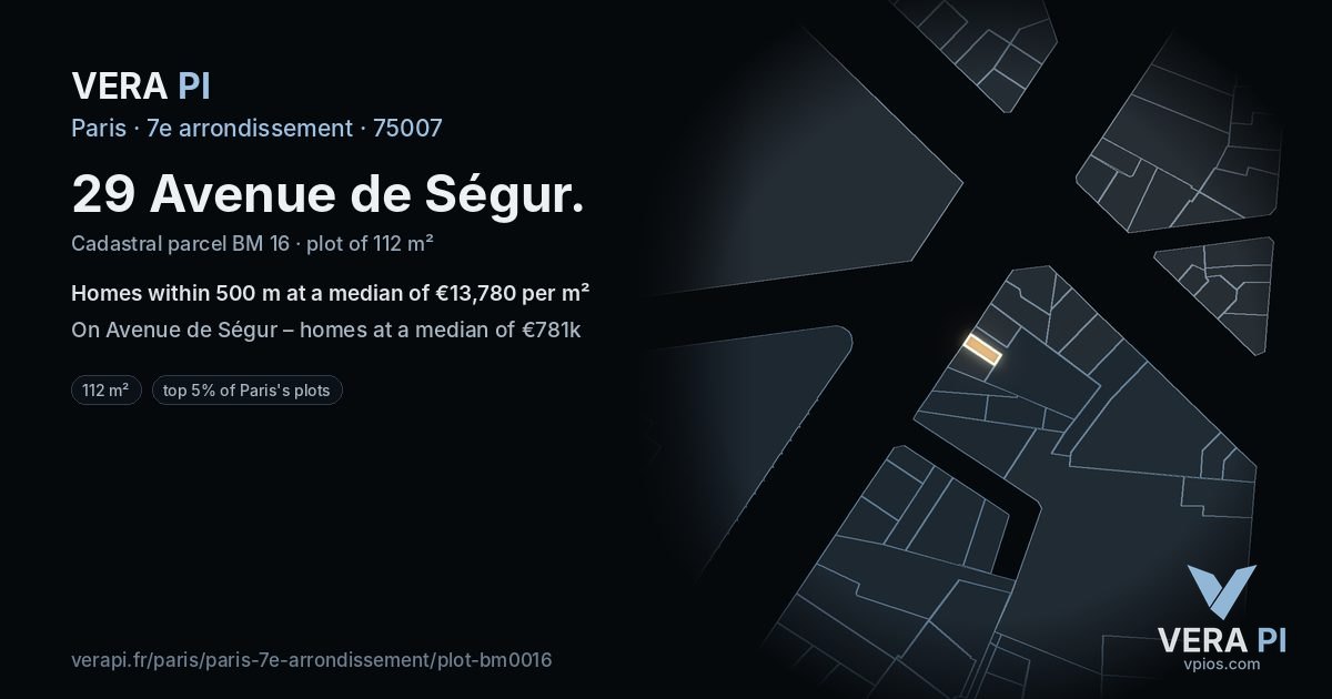29 Avenue de Ségur, 7e arrondissement at night – the plot lit, the parcels around coloured by the prices near them