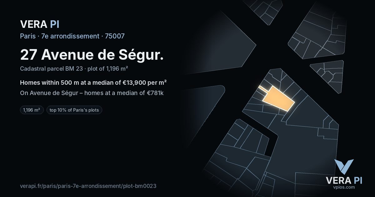 27 Avenue de Ségur, 7e arrondissement at night – the plot lit, the parcels around coloured by the prices near them