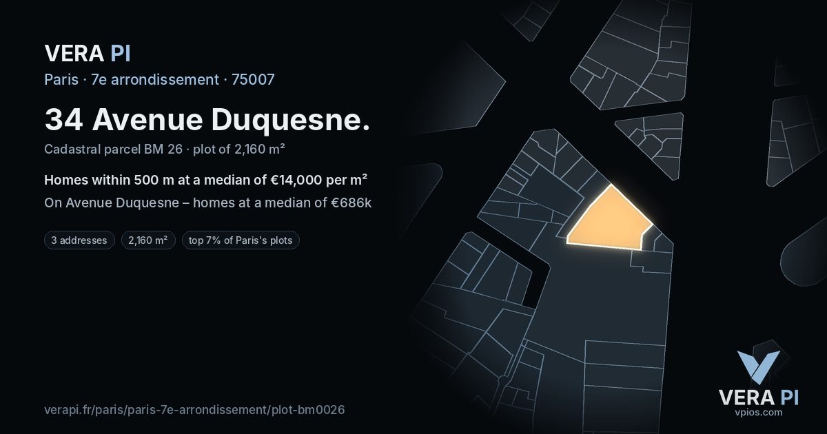 34 Avenue Duquesne, 7e arrondissement at night – the plot lit, the parcels around coloured by the prices near them