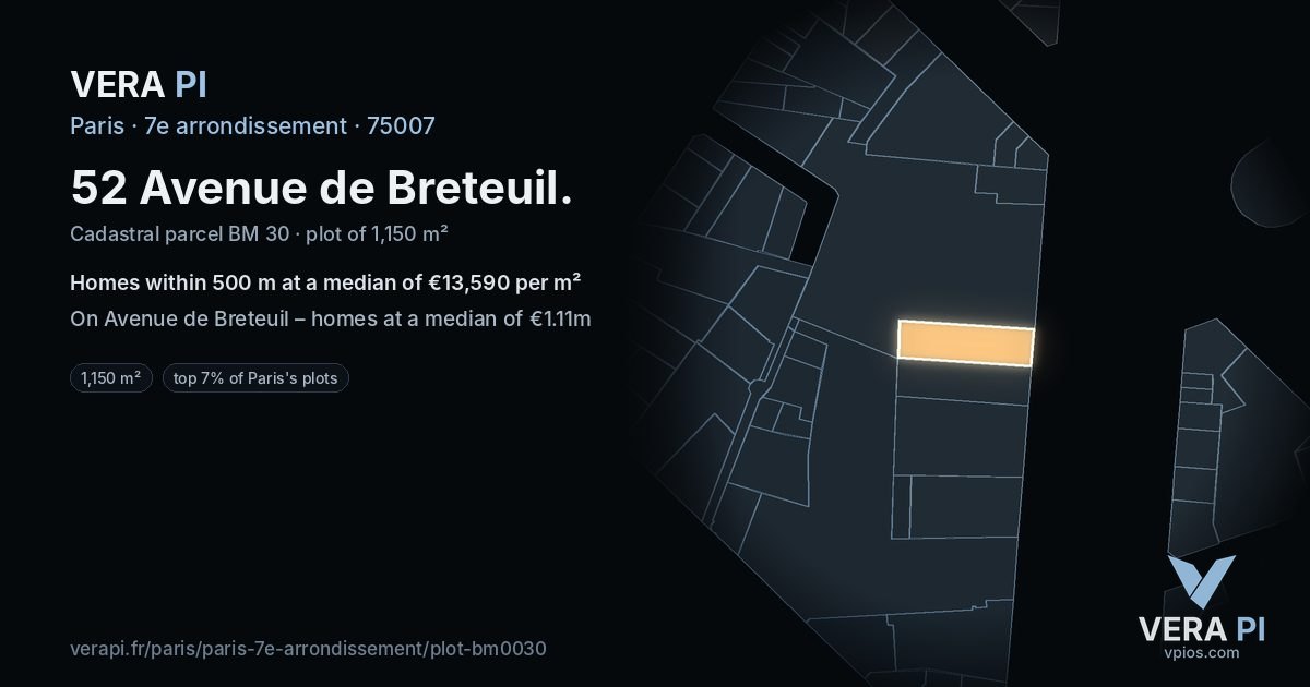 52 Avenue de Breteuil, 7e arrondissement at night – the plot lit, the parcels around coloured by the prices near them