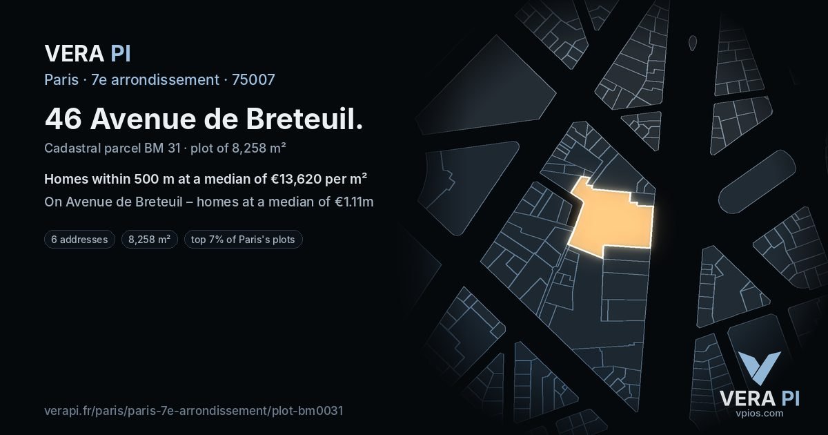 46 Avenue de Breteuil, 7e arrondissement at night – the plot lit, the parcels around coloured by the prices near them