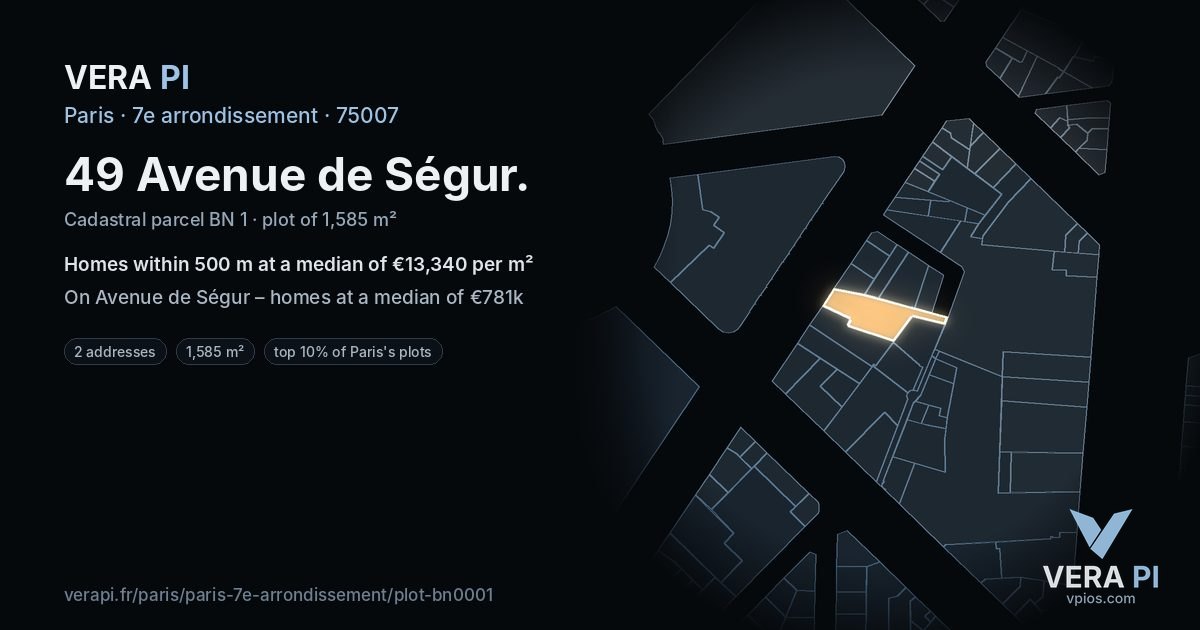 49 Avenue de Ségur, 7e arrondissement at night – the plot lit, the parcels around coloured by the prices near them