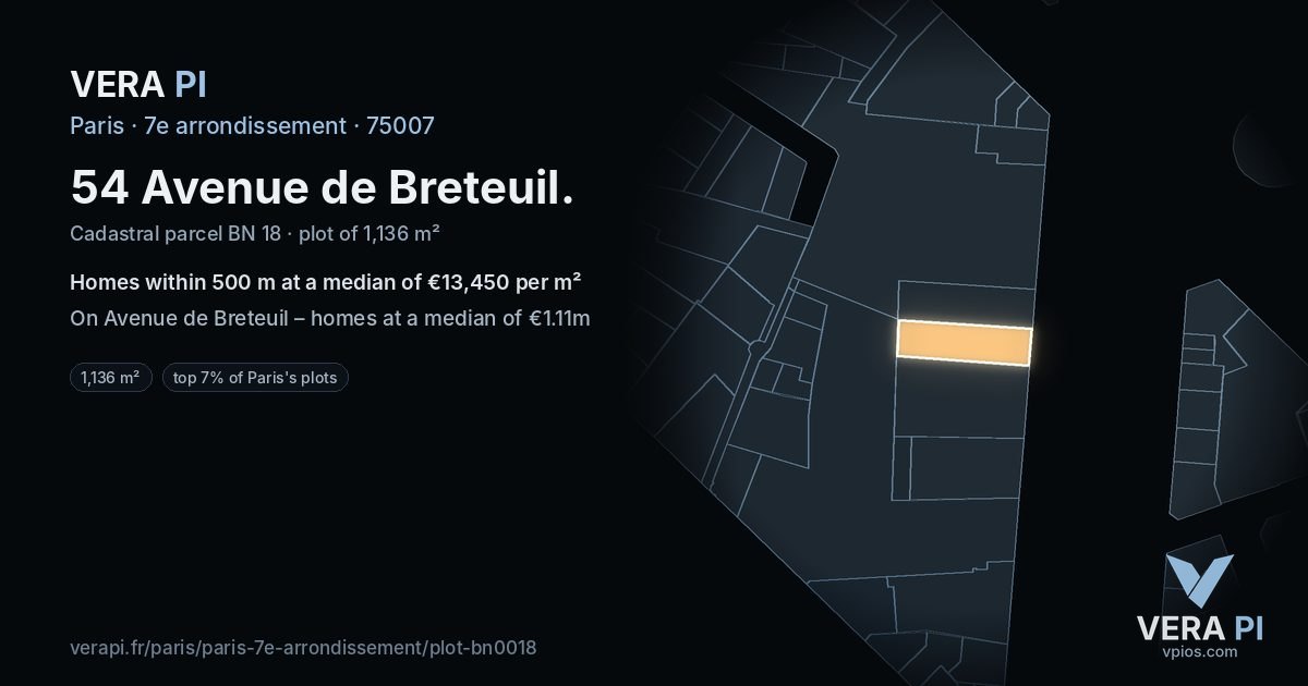 54 Avenue de Breteuil, 7e arrondissement at night – the plot lit, the parcels around coloured by the prices near them