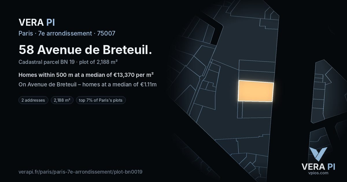 58 Avenue de Breteuil, 7e arrondissement at night – the plot lit, the parcels around coloured by the prices near them