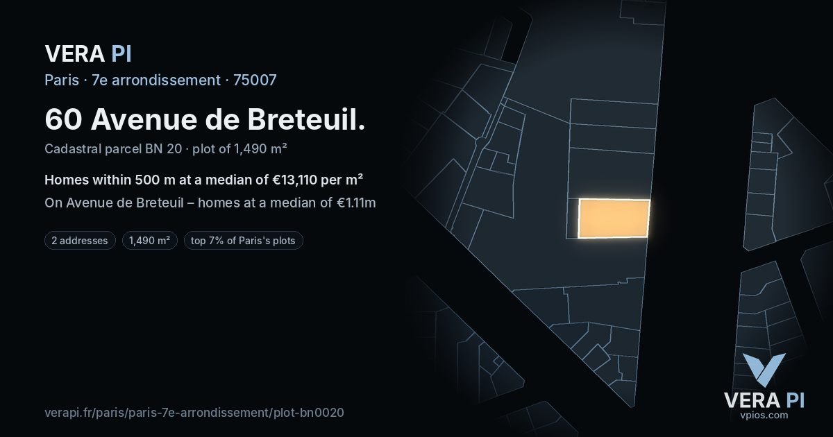 60 Avenue de Breteuil, 7e arrondissement at night – the plot lit, the parcels around coloured by the prices near them