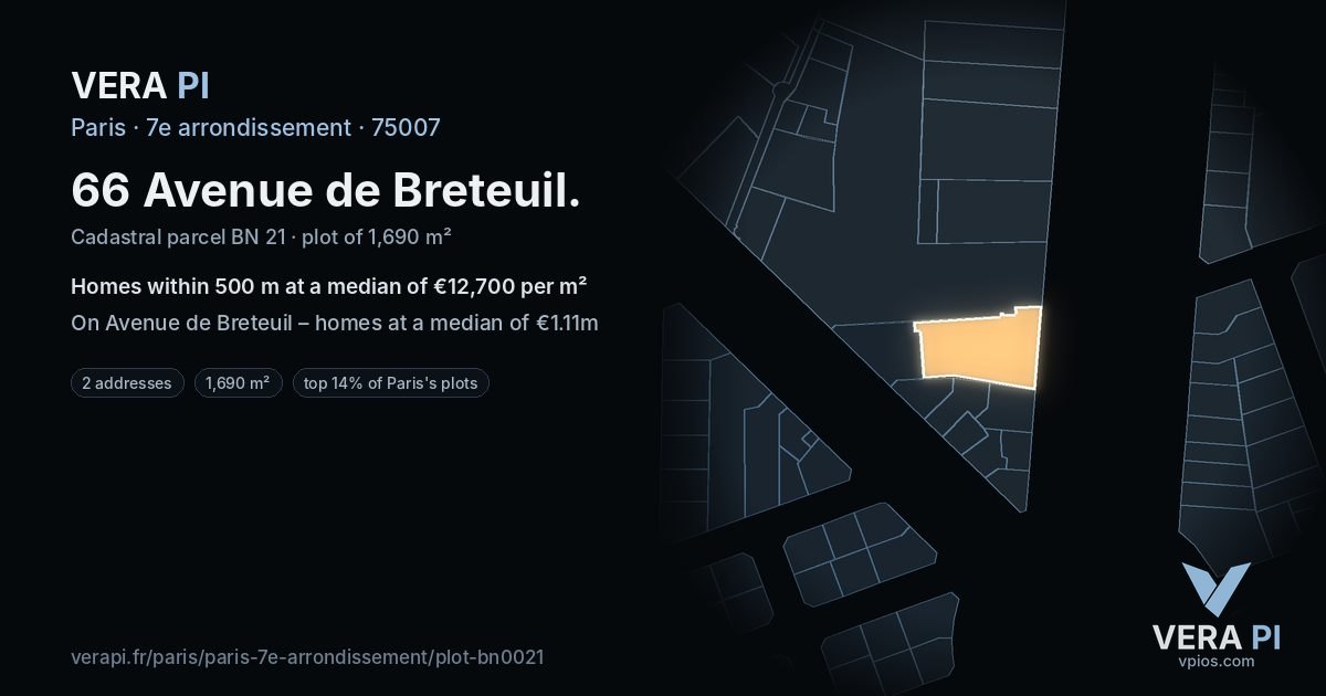 66 Avenue de Breteuil, 7e arrondissement at night – the plot lit, the parcels around coloured by the prices near them