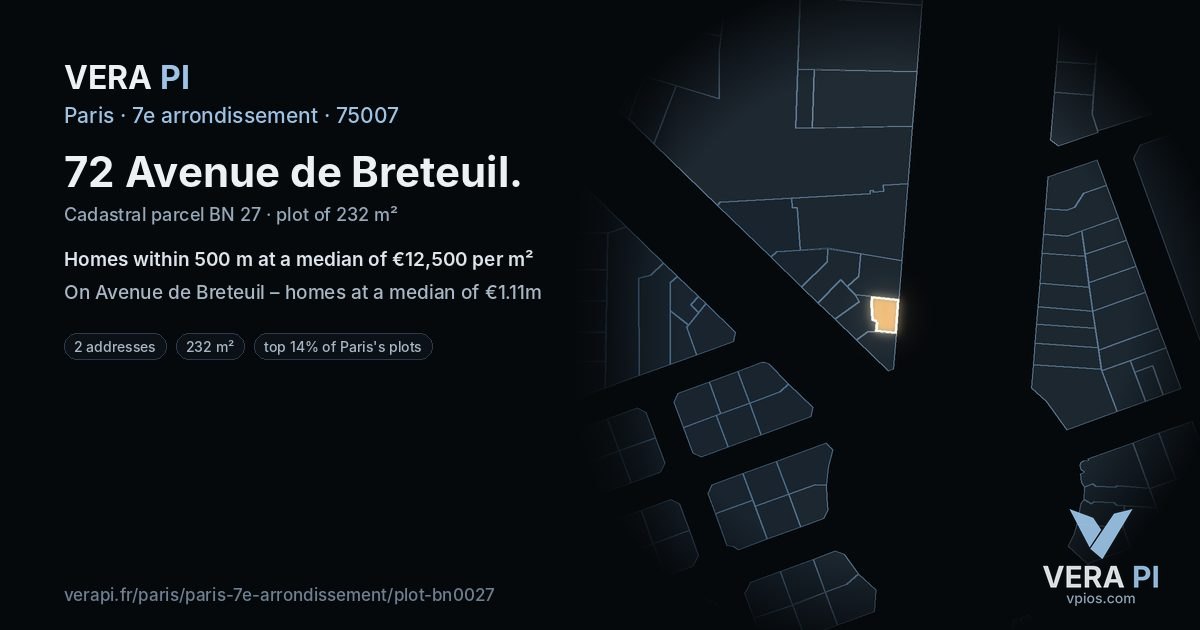72 Avenue de Breteuil, 7e arrondissement at night – the plot lit, the parcels around coloured by the prices near them