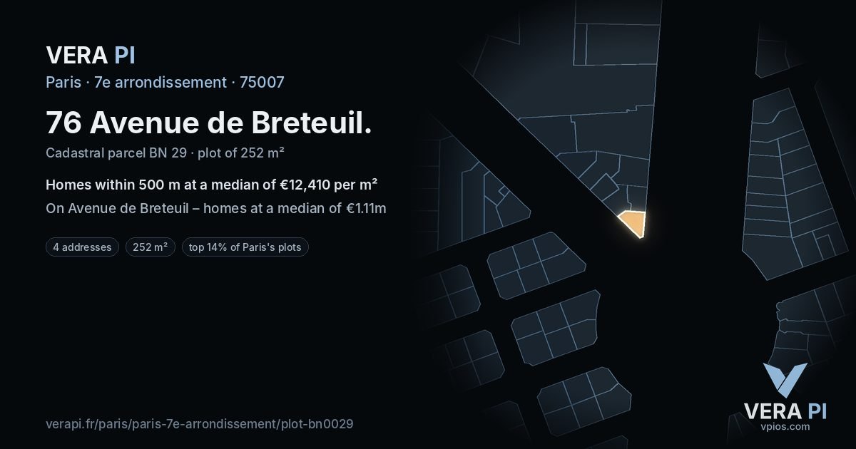 76 Avenue de Breteuil, 7e arrondissement at night – the plot lit, the parcels around coloured by the prices near them