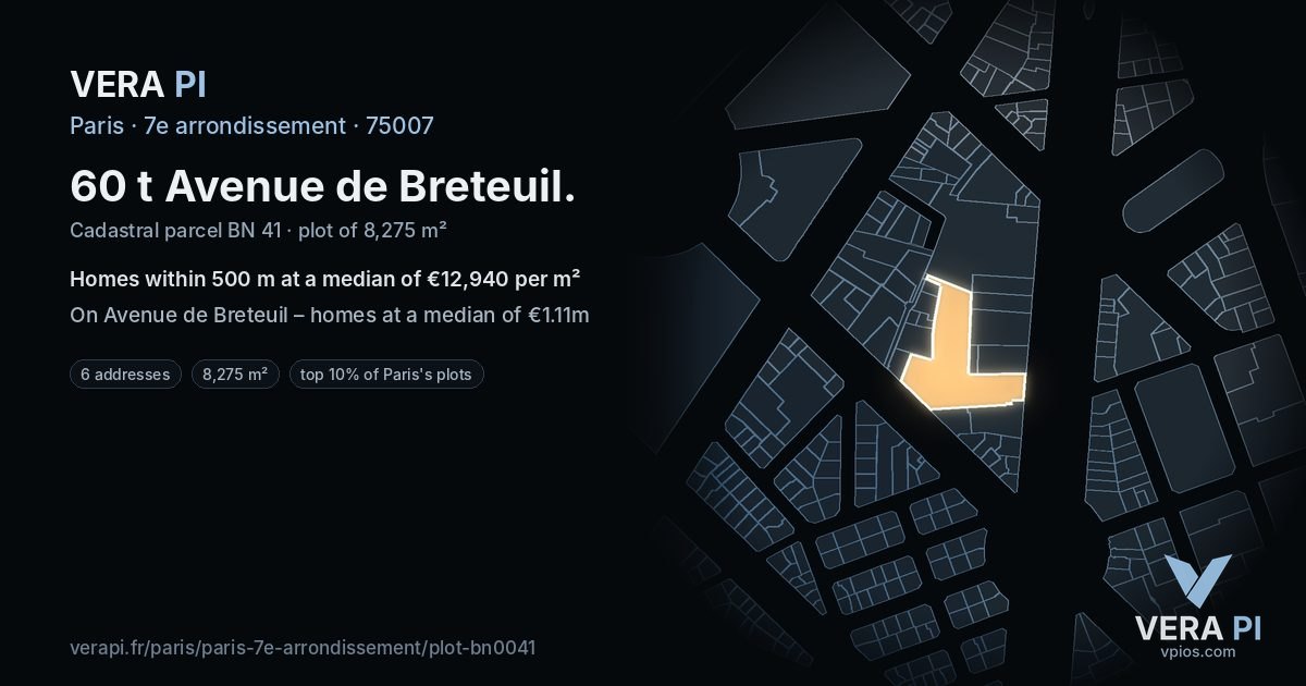 60 t Avenue de Breteuil, 7e arrondissement at night – the plot lit, the parcels around coloured by the prices near them