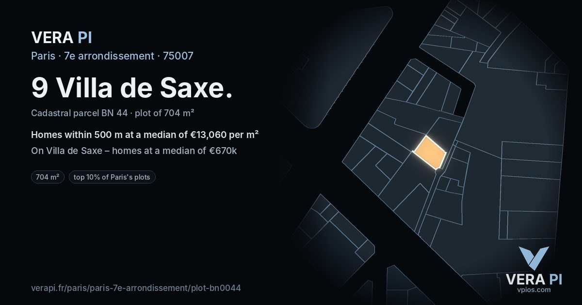 9 Villa de Saxe, 7e arrondissement at night – the plot lit, the parcels around coloured by the prices near them