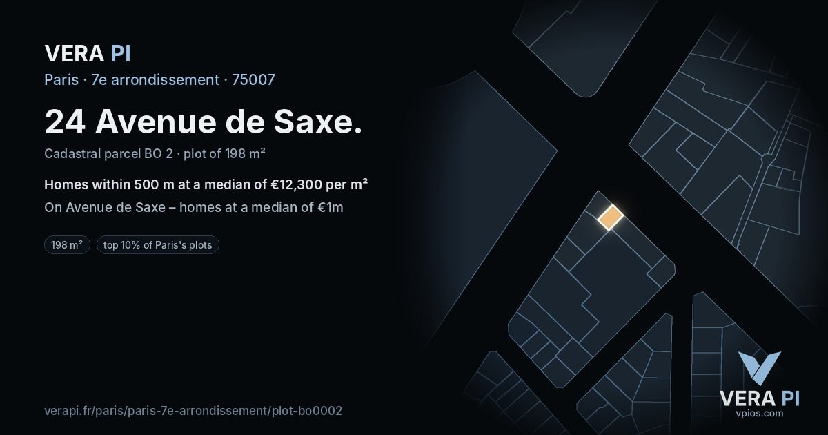 24 Avenue de Saxe, 7e arrondissement at night – the plot lit, the parcels around coloured by the prices near them
