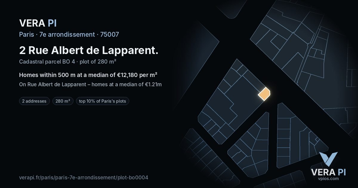 2 Rue Albert de Lapparent, 7e arrondissement at night – the plot lit, the parcels around coloured by the prices near them