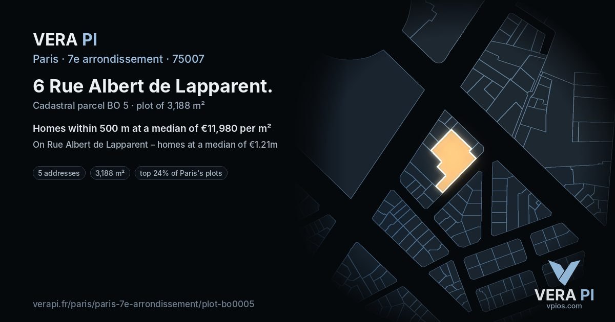 6 Rue Albert de Lapparent, 7e arrondissement at night – the plot lit, the parcels around coloured by the prices near them