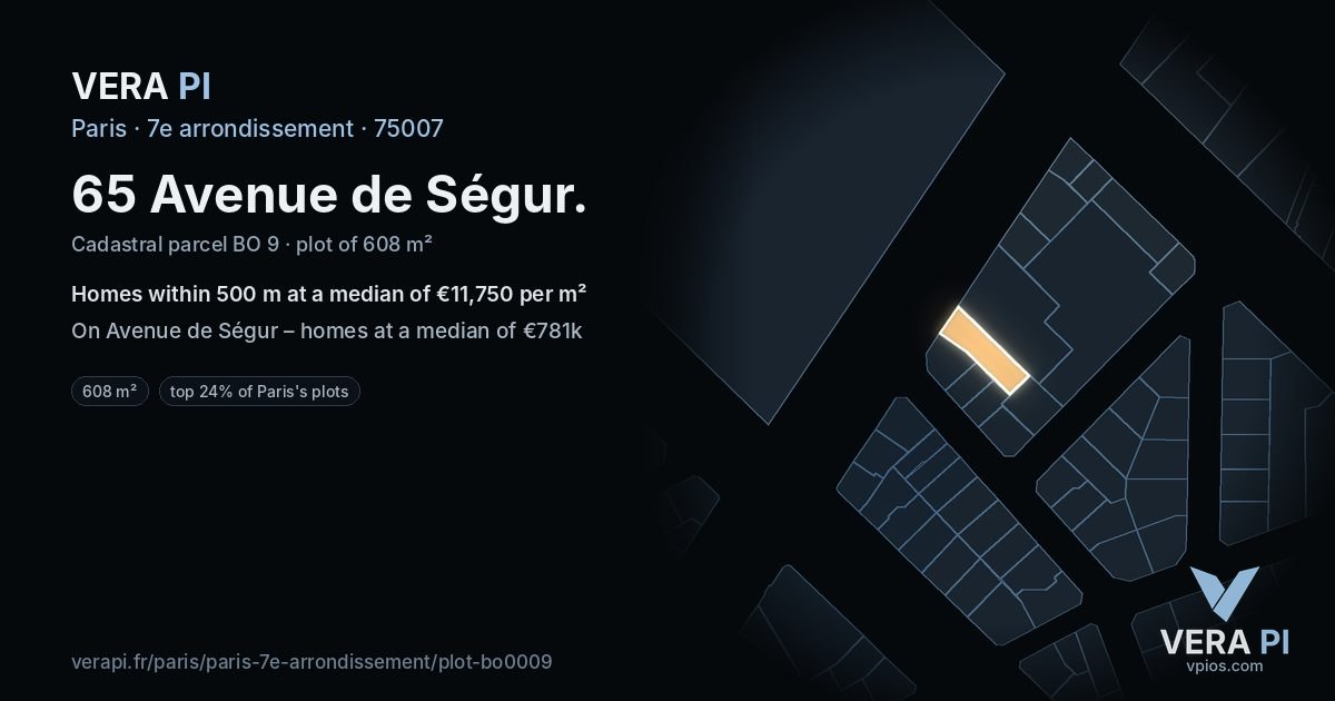 65 Avenue de Ségur, 7e arrondissement at night – the plot lit, the parcels around coloured by the prices near them