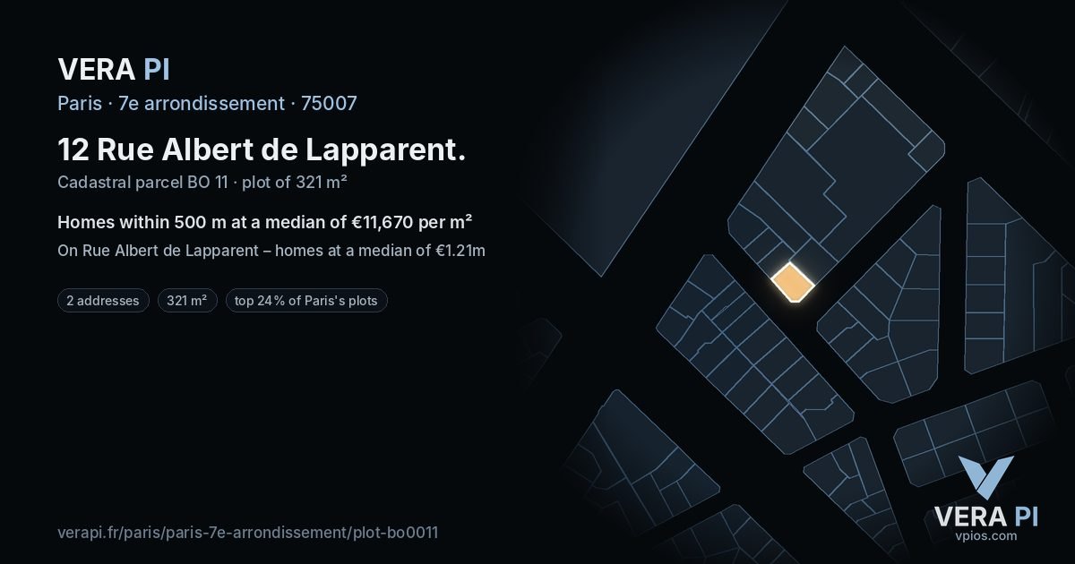 12 Rue Albert de Lapparent, 7e arrondissement at night – the plot lit, the parcels around coloured by the prices near them