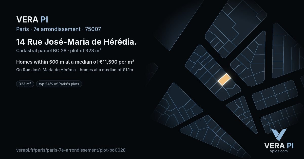 14 Rue José-Maria de Hérédia, 7e arrondissement at night – the plot lit, the parcels around coloured by the prices near them