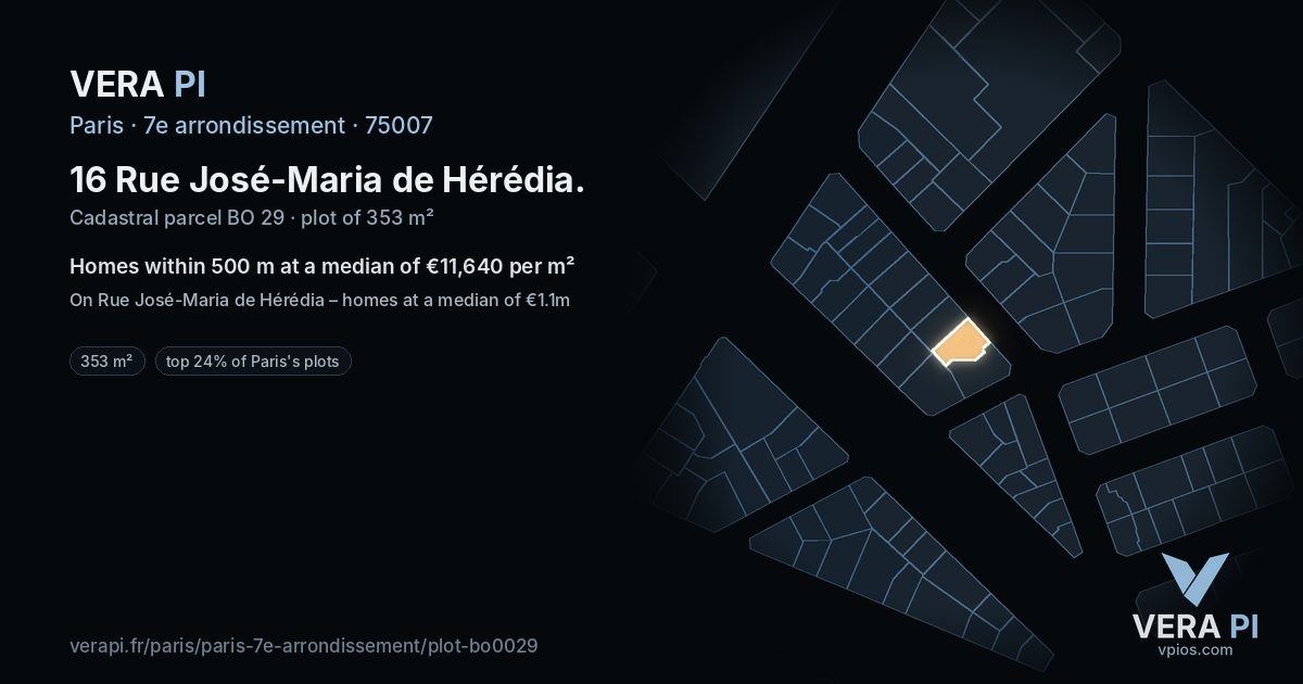 16 Rue José-Maria de Hérédia, 7e arrondissement at night – the plot lit, the parcels around coloured by the prices near them
