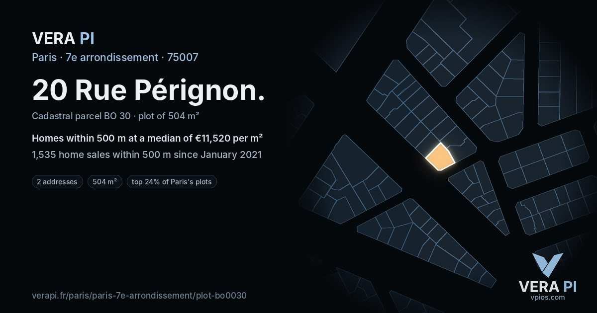 20 Rue Pérignon, 7e arrondissement at night – the plot lit, the parcels around coloured by the prices near them