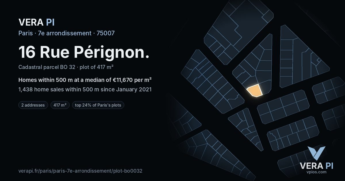 16 Rue Pérignon, 7e arrondissement at night – the plot lit, the parcels around coloured by the prices near them