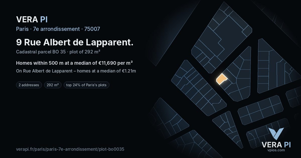 9 Rue Albert de Lapparent, 7e arrondissement at night – the plot lit, the parcels around coloured by the prices near them