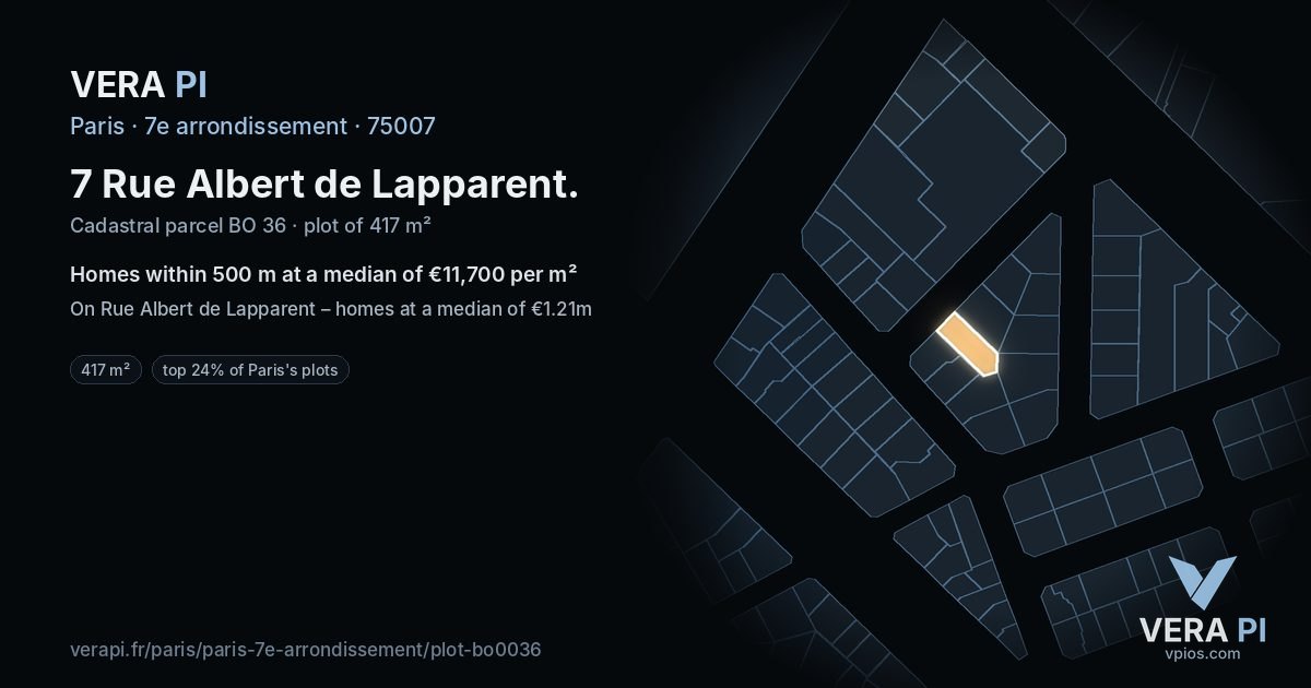 7 Rue Albert de Lapparent, 7e arrondissement at night – the plot lit, the parcels around coloured by the prices near them