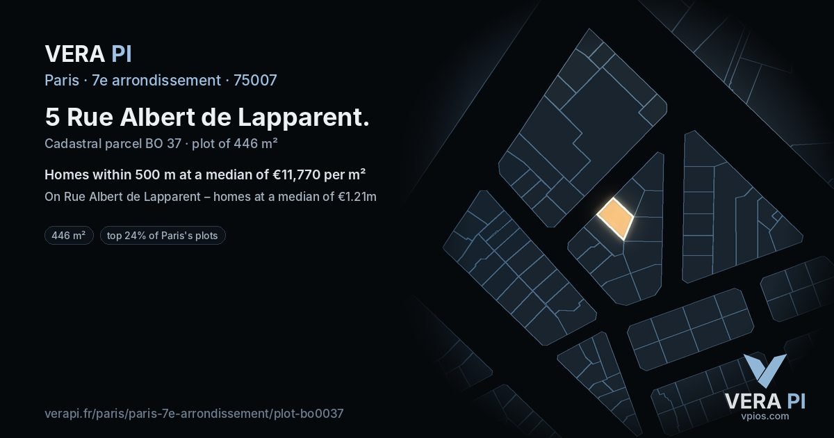 5 Rue Albert de Lapparent, 7e arrondissement at night – the plot lit, the parcels around coloured by the prices near them