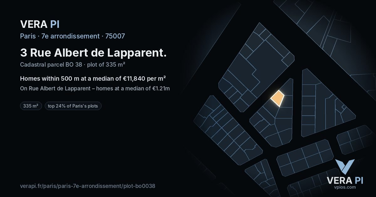 3 Rue Albert de Lapparent, 7e arrondissement at night – the plot lit, the parcels around coloured by the prices near them